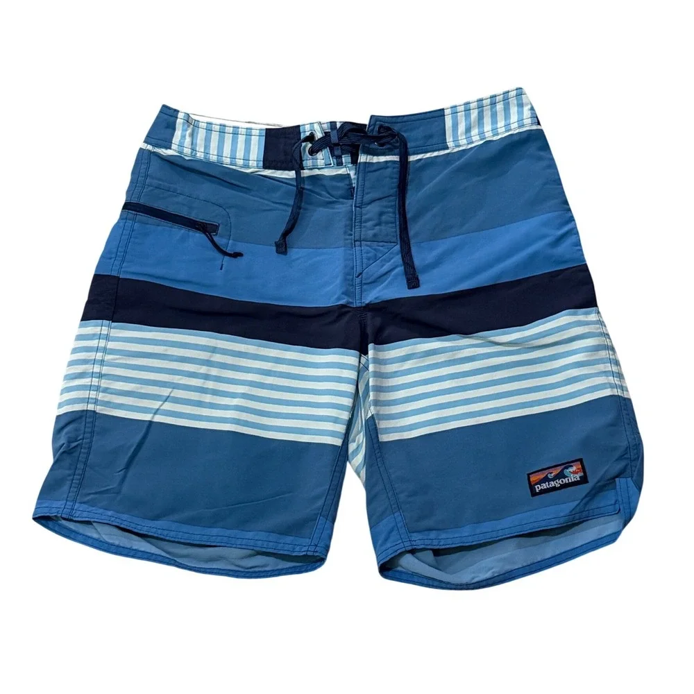Patagonia Mens Blue Striped Board Shorts Size 30 Recycled Nylon Swim Trunks